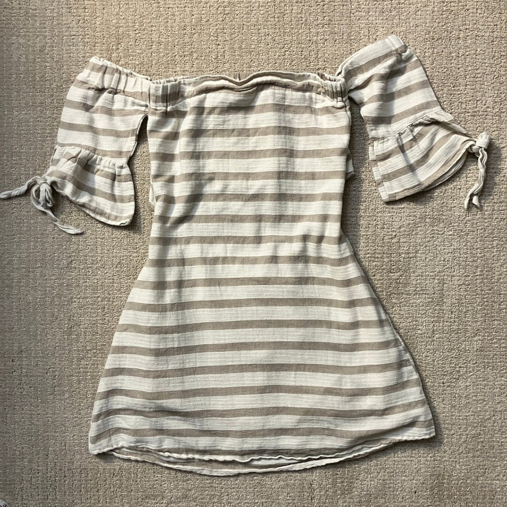 Listicle Striped Off‎ Shoulder Dress Bell Sleeve Mini Dress Casual Size S